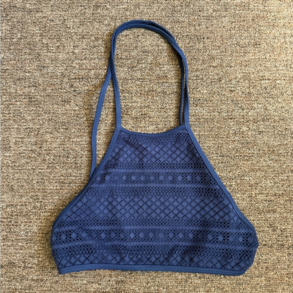 aerie Navy High Neck Crochet Swim Top